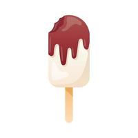 Vector isolated illustration on white background. Delicious nibbled ice cream on a stick with chocolate icing. Trendy summer design element.