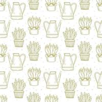 Seamless pattern house plants in doodle style. Funny succulents with large leaves in clay and ceramic pots. Decoration of background or wrapping paper in line art style on the theme of plant growing. vector