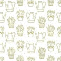 Seamless pattern house plants in doodle style. Funny succulents with large leaves in clay and ceramic pots. Decoration of background or wrapping paper in line art style on the theme of plant growing. vector