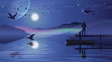 man watching sky and floating rocks standing by a lake vector illustration art design