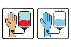 Blood transfusion icon illustration. hand with blood bag. Icon related to charity. Two tone icon style, flat line. Simple vector design editable