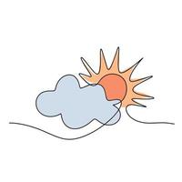 Continuous line sun cloud art. Single line sketch sunny summer. Icon cloudy sky . Vector