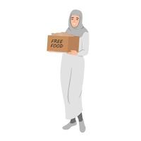 Muslim woman holding a box labeled Free Food For Iftar. Concept of Free Food For Iftar vector