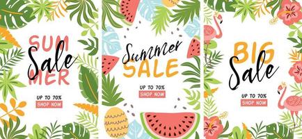 Summer sale banner set. Tropical summer background Leaves, flowers, watermelon, pineapple, pink flamingo. Collection sale card template. Special offer discount for social network. Vector illustration.