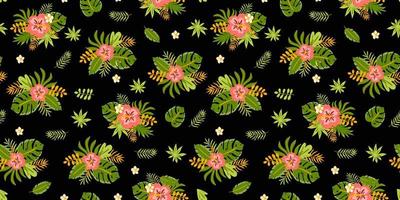 floral tropical flores hojas modelo oscuro verano sin costura exótico antecedentes. hibisco, selva palma hojas. trópico flores imprimible digital papel, fondo de pantalla, tela textil. vector ilustración.