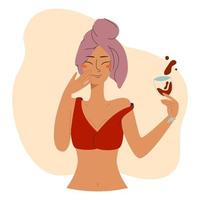 Happy woman with glass of wine in hand and towel on head in red top. Self care concept. Vector stock illustration on liquid pastel background.