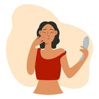 Sad brunette woman in a red top with acne holds a mirror in hand. Self care concept. Skin problems. Vector stock illustration in flat style on liquid pastel background.