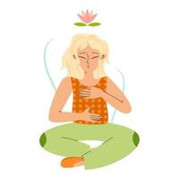 Woman doing breathing exercises. Self care concept. Vector stock illustration isolated on white background.