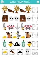 What comes next. Pirate matching activity for preschool children with traditional treasure island symbols and characters. Sea adventures logical worksheet. Continue the row game vector