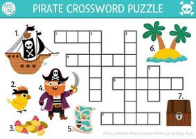 Vector pirate crossword puzzle for kids. Simple treasure island quiz for children. Educational activity with ship, parrot, map, chest. Cute sea adventure cross word or English language riddle