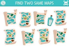 Find two same maps. Treasure island matching activity for children. Sea adventures educational quiz worksheet for kids for attention skills. Simple printable game with cute plans vector