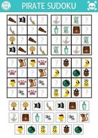 Vector pirate sudoku puzzle for kids with pictures. Simple treasure island quiz with cut and glue elements. Education activity or coloring page. Draw missing objects