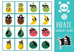 Vector pirate memory game cards with cute kawaii fruit. Sea adventure matching activity. Treasure island remember and find correct card. Simple printable worksheet for kids