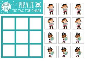 Vector treasure island tic tac toe chart with pirates. Sea adventures board game playing field with cute characters. Funny marine printable worksheet. Noughts and crosses grid