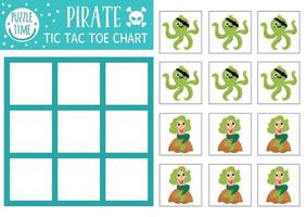 Vector treasure island tic tac toe chart with pirate octopus, mermaid. Sea adventures board game playing field with cute characters. Funny printable worksheet. Noughts and crosses grid