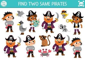 Find two same pirates. Treasure island matching activity for children. Sea adventures educational quiz worksheet for kids for attention skills. Simple printable game with cute captains and animals vector