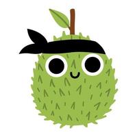 Vector funny kawaii durian icon. Pirate fruit illustration. Comic plant with eyes, head band and mouth isolated on white background. Healthy summer food clipart.