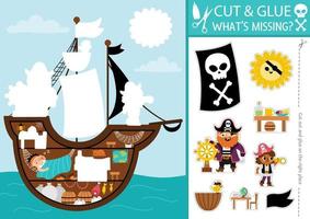 Vector pirate cut and glue activity. Crafting game with cute sea landscape and ship interior. Fun treasure island printable worksheet for children. Find the right piece of puzzle. Complete the picture