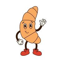 Groovy retro cartoon coffee character. Croissant with eyes and waving his hand in glove. Isolated flat illustration in style 60s 70s vector