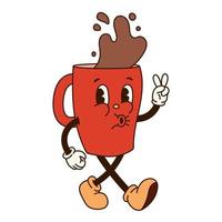 Groovy retro cartoon coffee character. Walking red mug of coffee with drops, eyes and gloved hands. Isolated flat illustration in style 60s 70s vector