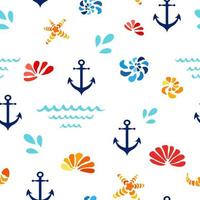 Vector seamless pattern with colorfull sea shells, waves, anchor starfish. Sammer vacation ocean nautical theme illustration for paper design, textile, background, fabric, wrap, package, sea cover