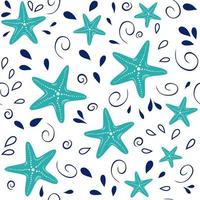 Seamless vector sea pattern with sea stars, wave, drops in navy turquoise color on white background Vector summer vacation ocean template for wallpaper, textures, fabric, textile, package design, wrap