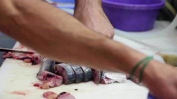 schoonmaak en voorbereiding van gevangen zee vis, snijdend de vis in plakjes met een mes en maken hen klaar voor uitverkoop, tijd vervallen, selectief focus video
