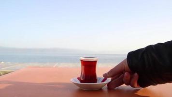 Bebiendo un taza de turco té con mar vista, un taza de turco té es servido a un café en un soleado día, selectivo enfocar, Estanbul Turquía video