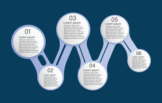 Infographic template for business information presentation. Vector circles and geometric elements. Modern workflow step diagrams. Report plan 6 topics.