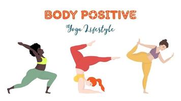 Vector banner or screen template for school website or yoga studio with 3 plus size women in yoga positions. Sports and health body positive concept. Bright banner with yoga practicing lifestyle