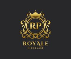 Golden Letter RP template logo Luxury gold letter with crown. Monogram alphabet . Beautiful royal initials letter. vector