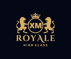 Golden Letter XM template logo Luxury gold letter with crown. Monogram alphabet . Beautiful royal initials letter. vector