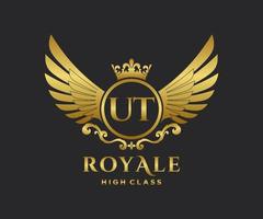 Golden Letter UT template logo Luxury gold letter with crown. Monogram alphabet . Beautiful royal initials letter. vector