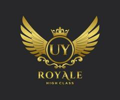 Golden Letter UY template logo Luxury gold letter with crown. Monogram alphabet . Beautiful royal initials letter. vector