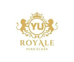 Golden Letter YU template logo Luxury gold letter with crown. Monogram alphabet . Beautiful royal initials letter. vector
