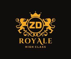 Golden Letter ZD template logo Luxury gold letter with crown. Monogram alphabet . Beautiful royal initials letter. vector