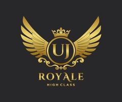 Golden Letter UJ template logo Luxury gold letter with crown. Monogram alphabet . Beautiful royal initials letter. vector