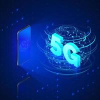 5g rápido móvil redes móvil teléfono y holograma de web conexión o global inalámbrico redes con isométrica texto 5g adentro. tecnología antecedentes. vector ilustración