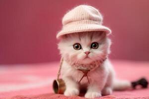 Cute white kitten in a knitted hat and small bag on a pink background. . photo