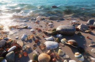 Shells and pebbles on a sea shore. . photo