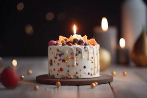 Birthday cake with a candle on a wooden table. . photo
