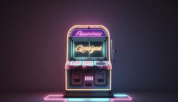 One neon shining casino slot machine at empty room. Postproducted generative AI digital illustration. photo