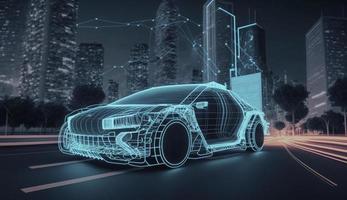 aumentado realidad de estructura metálica coche concepto en el la carretera y futurista ciudad en el antecedentes. profesional 3d representación de propio diseñado genérico no existente coche modelo, generar ai foto