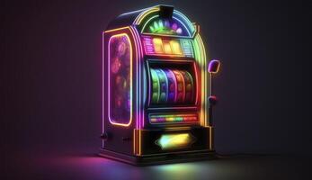One neon shining casino slot machine at empty room. Postproducted digital illustration. photo