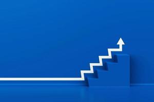 White arrow with stair on blue wall background, 3D arrow climbing up over a blue staircase, 3d rendering photo