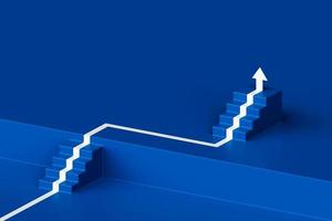 White arrow following the stairs of growth on blue background, 3D arrow climbing up over a staircase , 3d two stairs with arrow going upward, 3d rendering photo