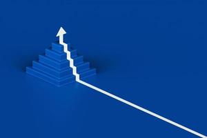 White arrow following the stairs of growth on blue background, 3D arrow climbing up over a staircase , 3d stairs pyramid shape with arrow going upward, 3d rendering photo