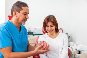 Beautiful woman receiving explanations about her dental treatment with her dentist. Doctor using a dental model. photo