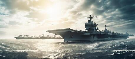 A warship, an aircraft carrier carrying warplanes on the high seas. A military air force. photo