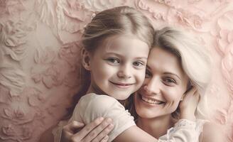 retrato de un sonriente madre con su hija en rosado en el estudio. generativo ai foto